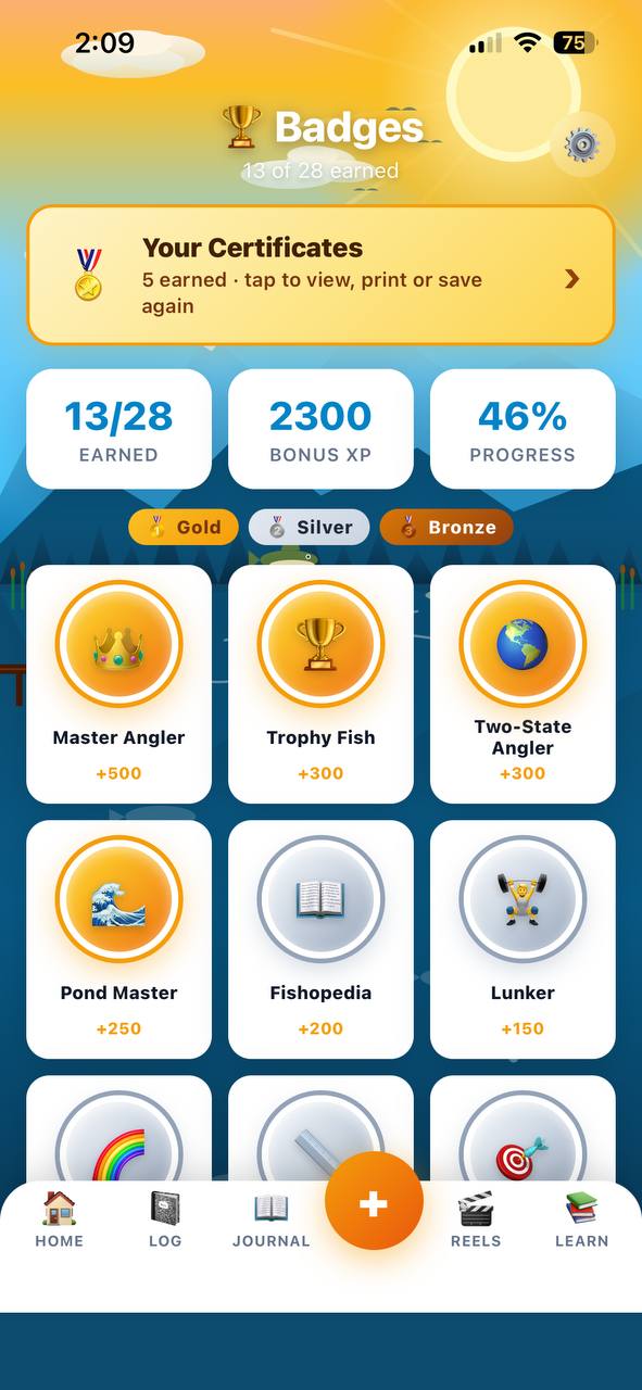 Badges page showing 28 achievements