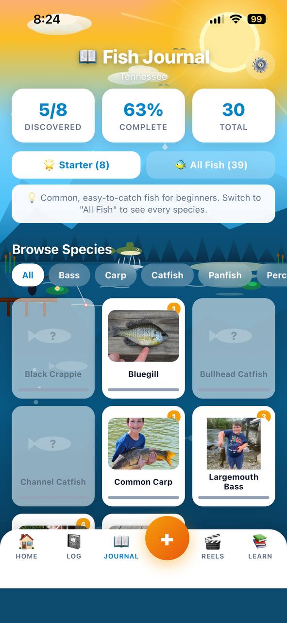 Fish Journal showing caught species lit up and uncaught species still to find
