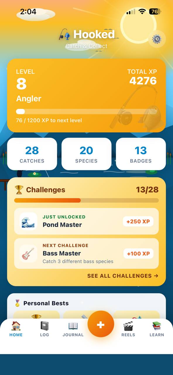 Home dashboard showing stats and recent catches