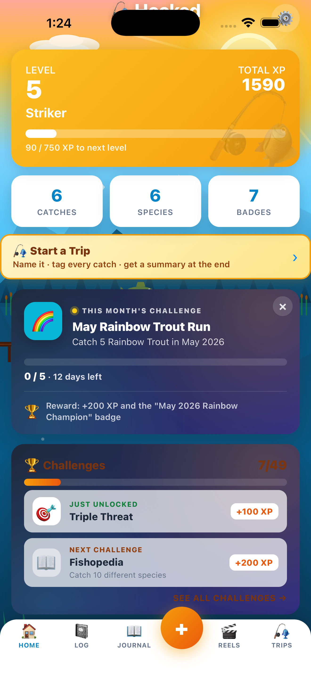 Home dashboard showing stats, level, state pill, and recent catches