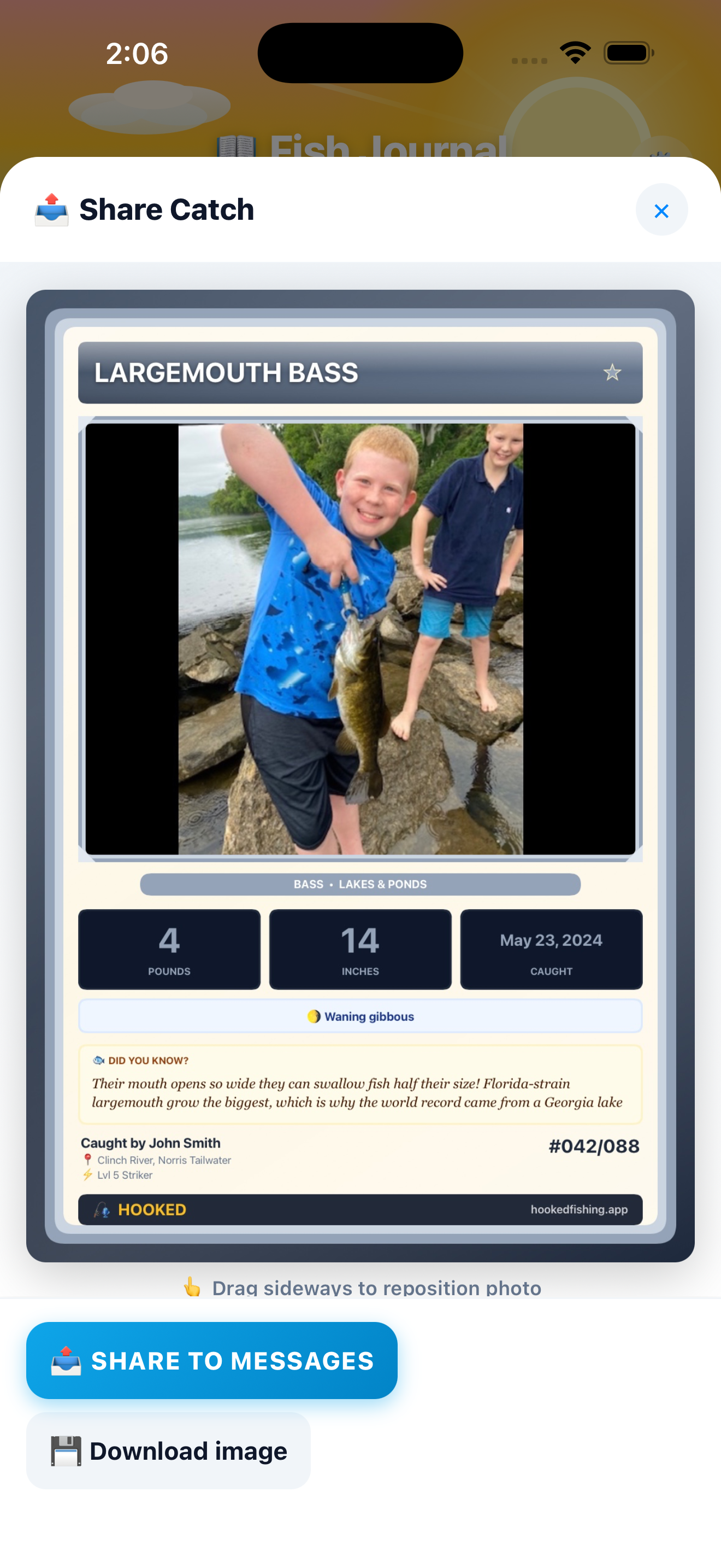 Shareable trading card for a single catch