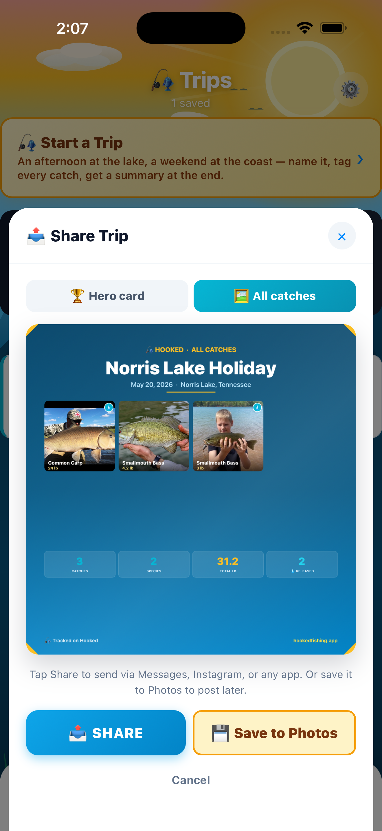Shareable trip recap card with photo mosaic