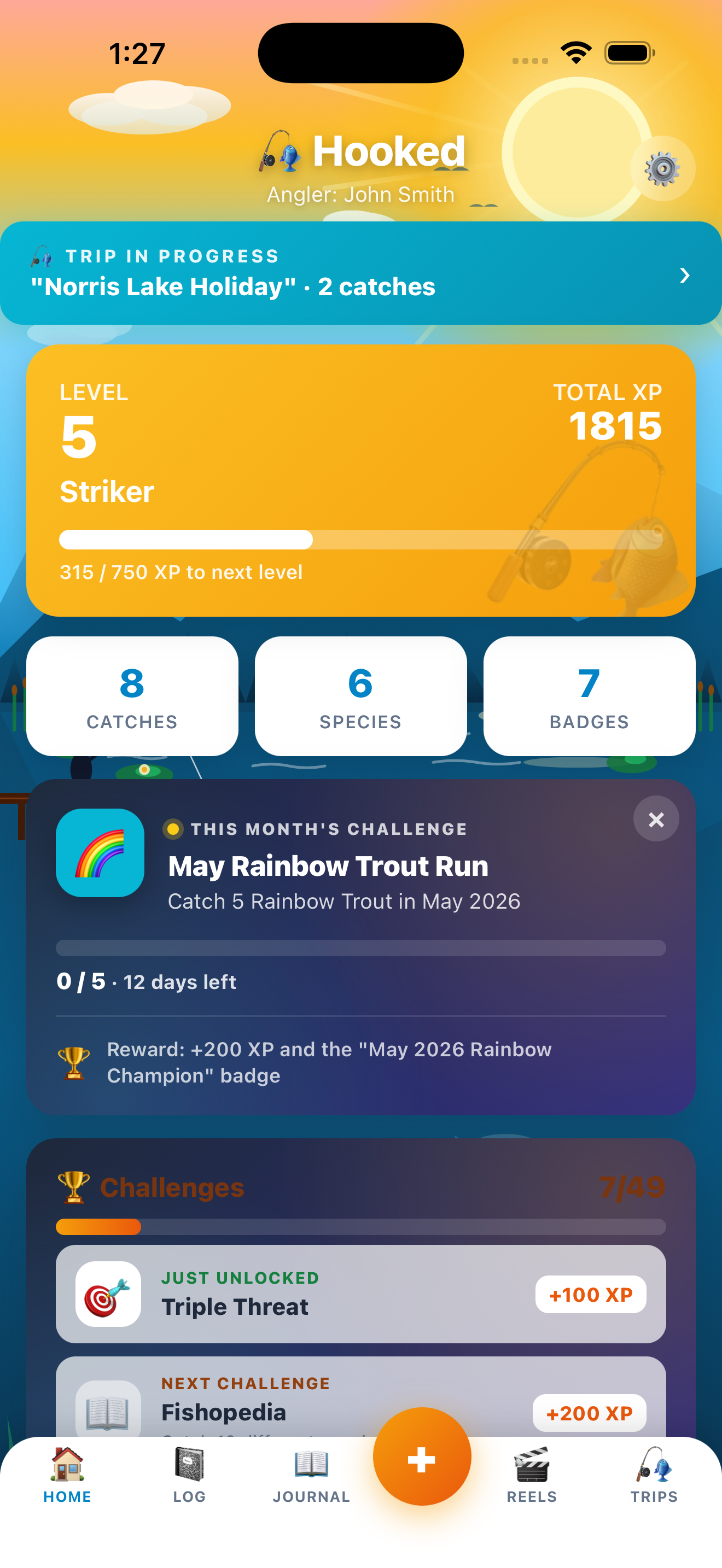 Live trip view with running stats and angler leaderboard