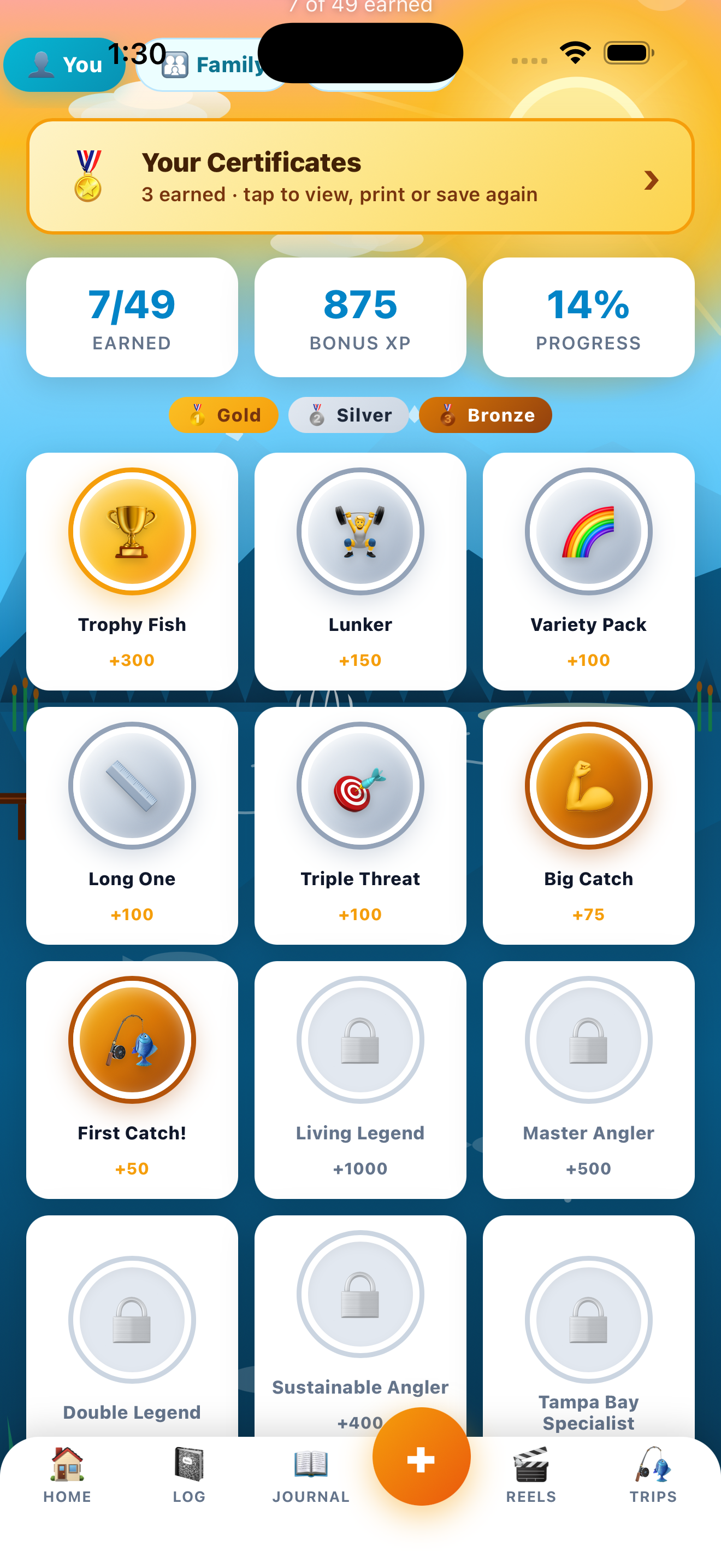 Badges page with 60+ achievements and category filter chips