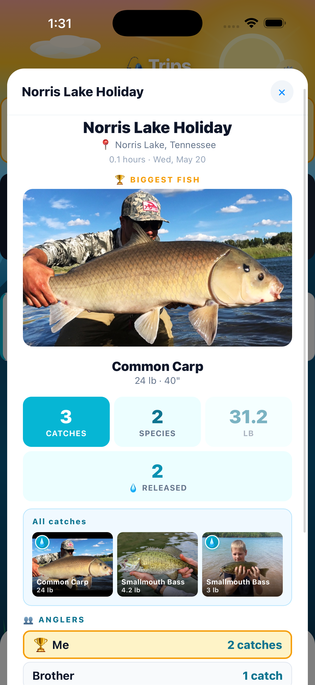 Trip summary showing biggest fish, MVP angler, and totals