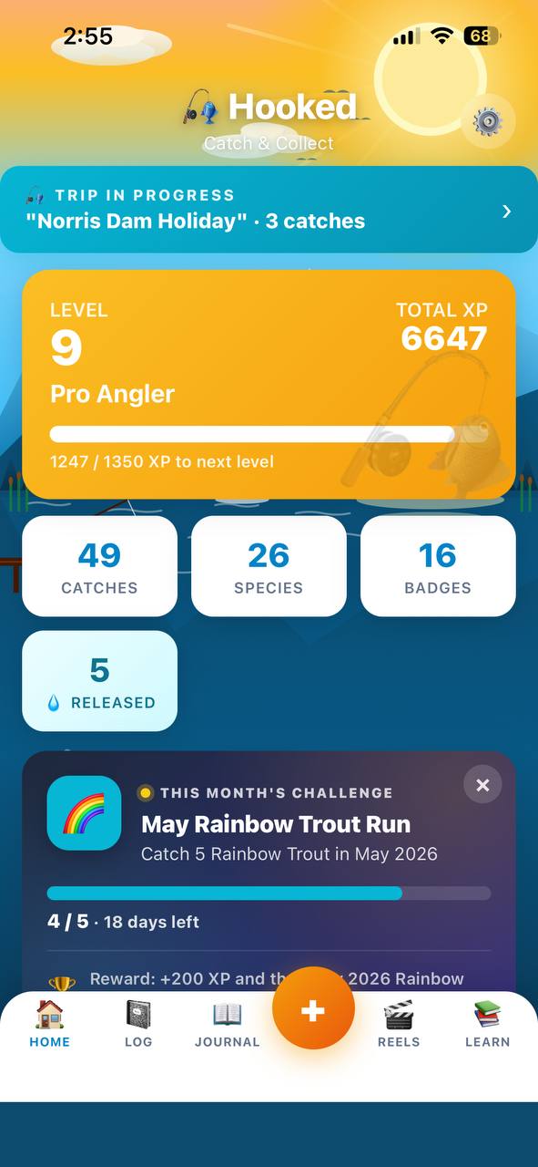 Live trip view with running stats and angler leaderboard